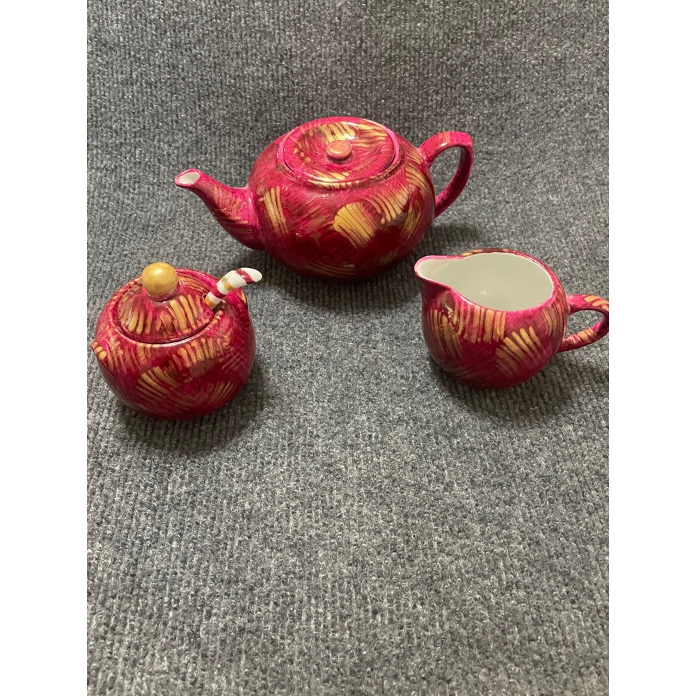 BIA Cordon Bleu Magenta Hand Painted Ceramic Teapot Creamer Sugar Bowl Set